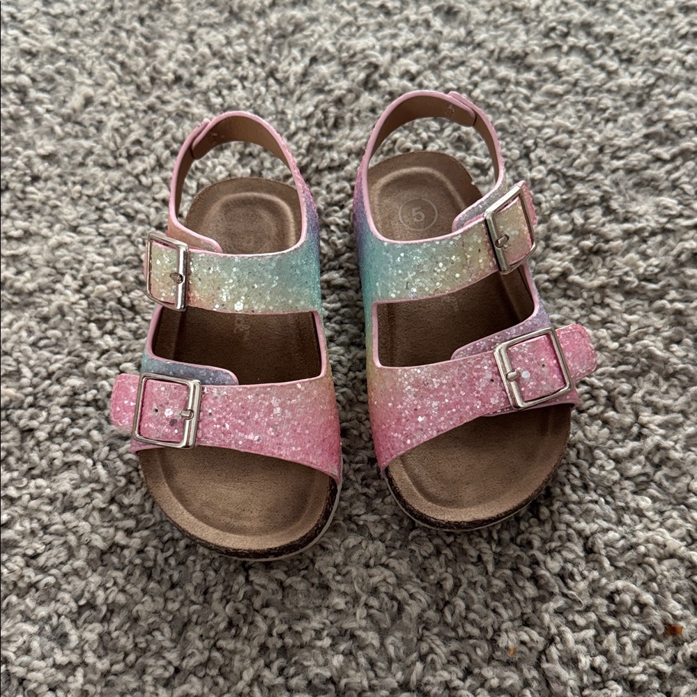 Cat and Jack Glittery Pastel Rainbow Sandals with Buckles size 5 toddler girls